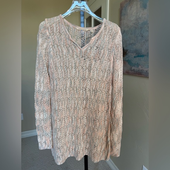 Soft Surroundings Open-Knit Crochet Sweater Tunic Womens Medium Peach Ivory Gray - Picture 1 of 6